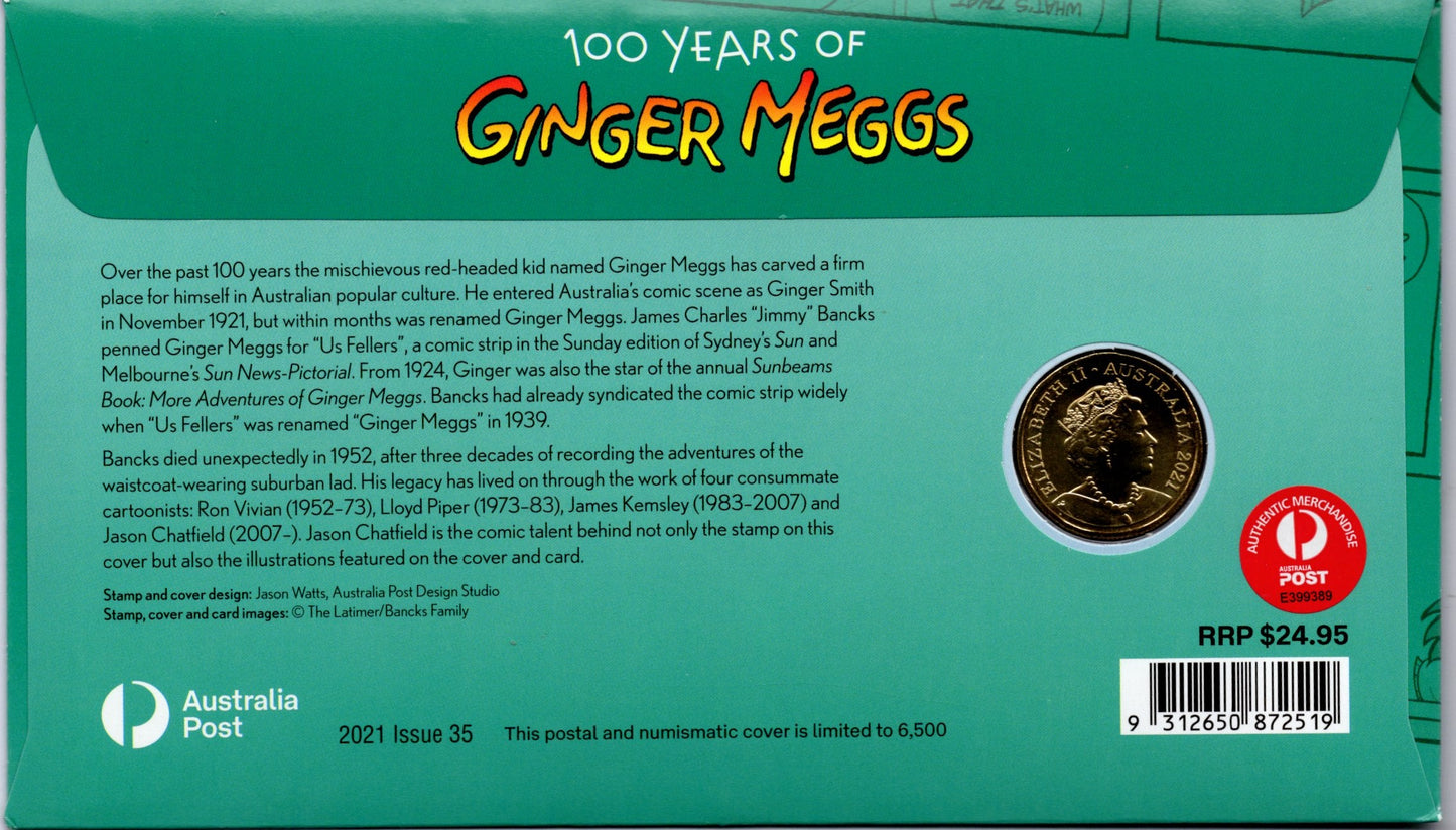 100 Years of Ginger Meggs PNC — 2021 $1 Colour Coin First Day Cover — Australia Post reverse