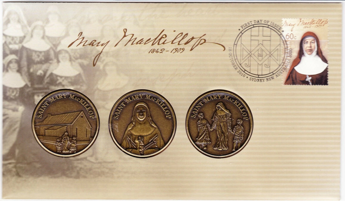 2010 - Mary Mackillop (3 medallions) - Stamp and Coin PNC
