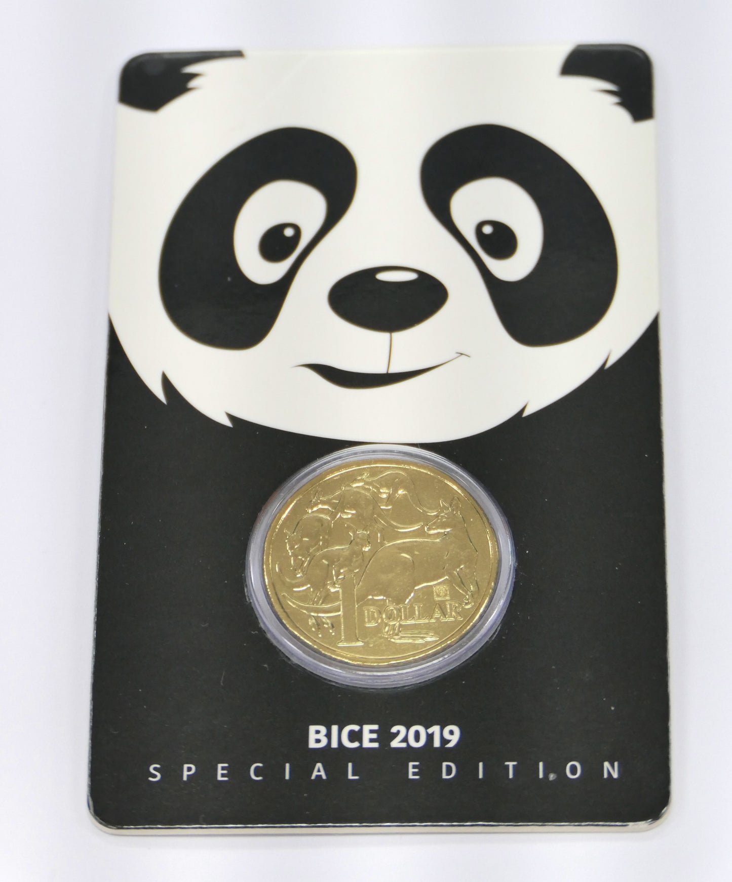 2019 UNC $1 Mob of Roos Panda Privy Mark Beijing International Expo Coin in Card front