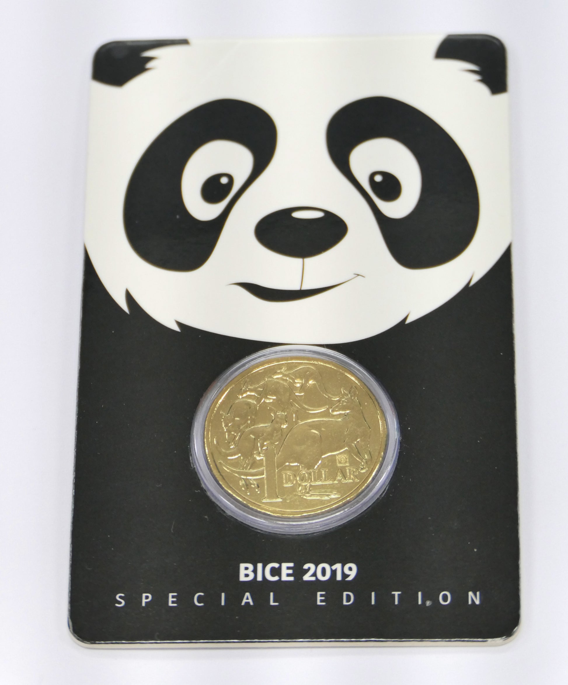 2019 UNC $1 Mob of Roos Panda Privy Mark Beijing International Expo Coin in Card front