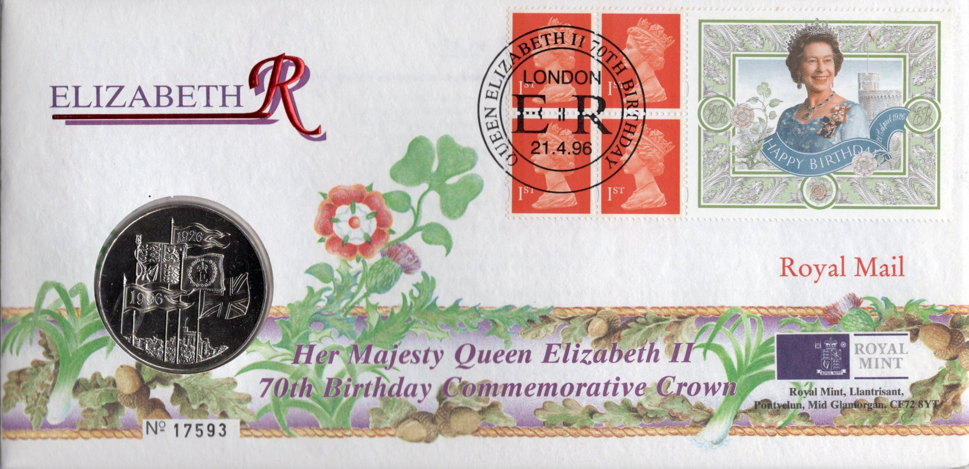 Queen Elizabeth II 70th Birthday Commemorative Crown PNC Front
