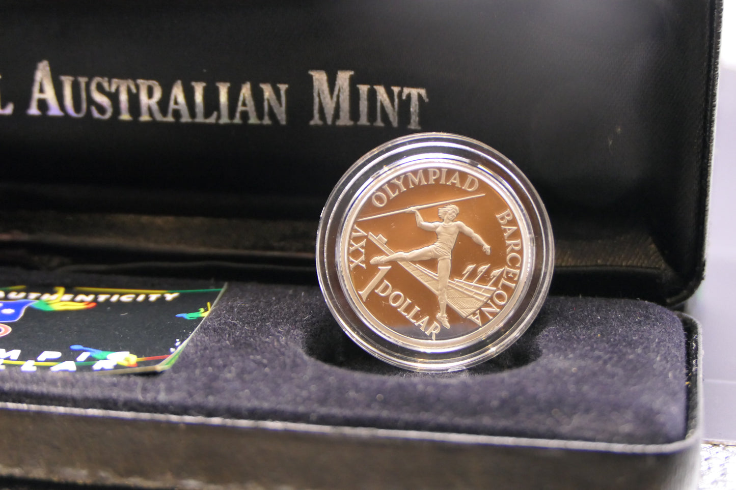 1992 Xxv Olympiad Barcelona $1 Silver Proof Coin — Royal Australian Mint — Javelin Thrower reverse