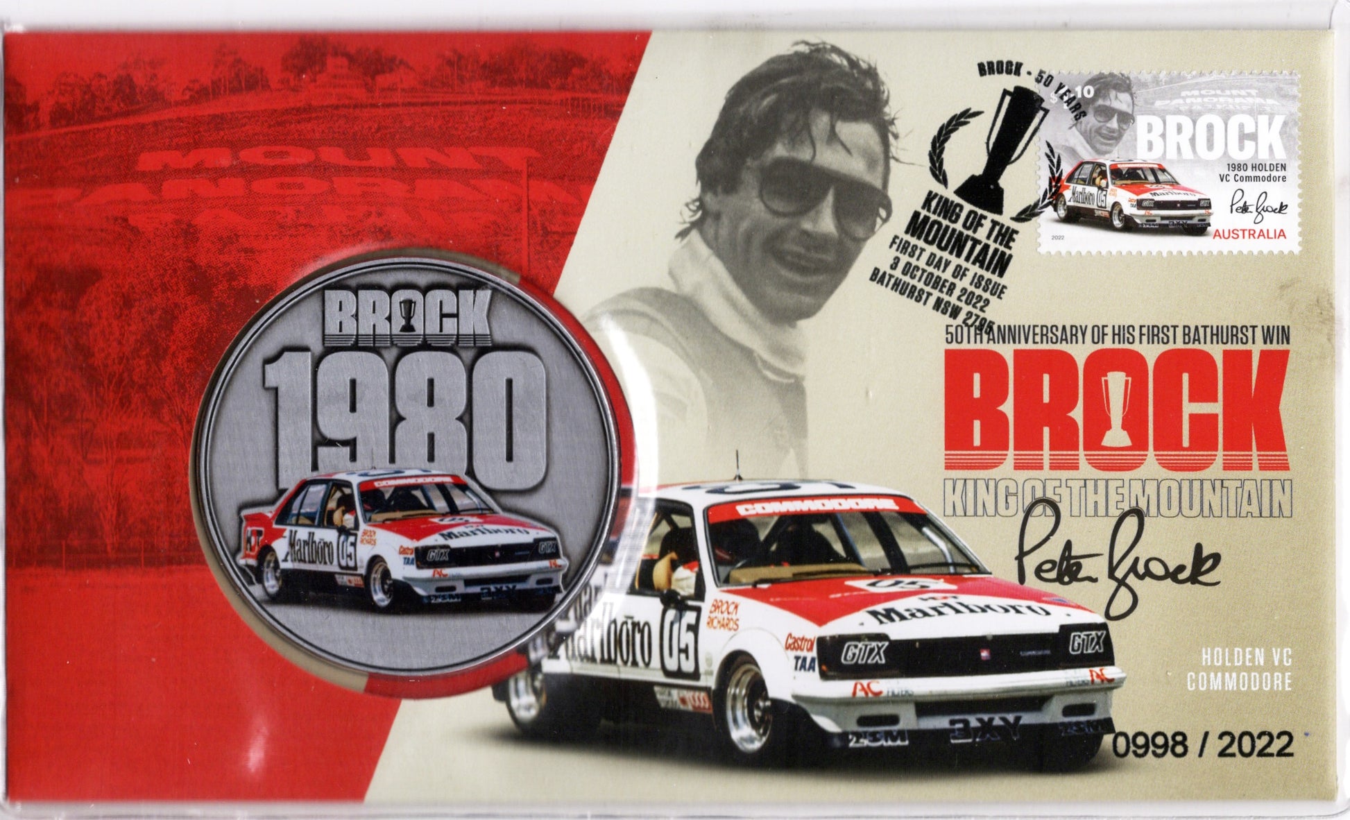 2022 Peter Brock King of the Mountain 1980 Holden VC Commodore medallion cover numbered 0998 of 2022