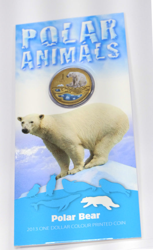 2013 Royal Australian Mint POLAR BEAR POLAR ANIMALS One Dollar $1 Coin Coloured Frosted Uncirulated front