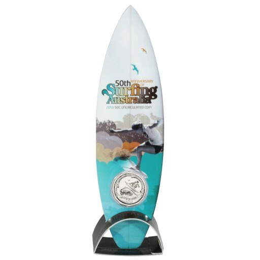 2013 50th Anniversary of Surfing Australia 50c uncirculated coin in surfboard display card