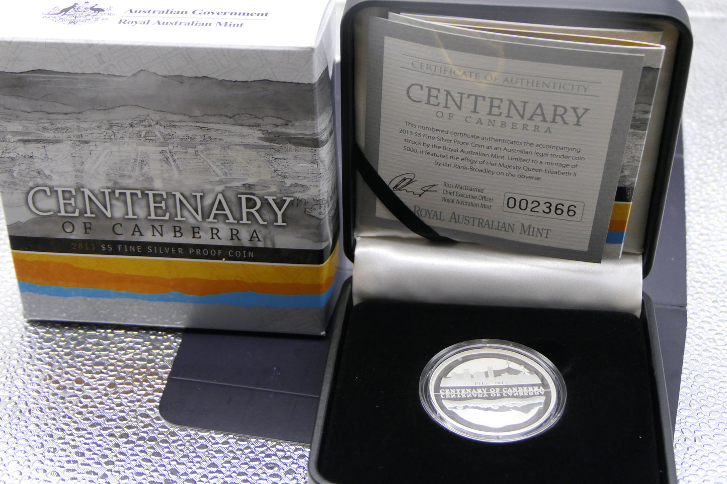 2013 Centenary of Canberra $5 Fine Silver Proof Coin — Royal Australian Mint — No. 002366 front