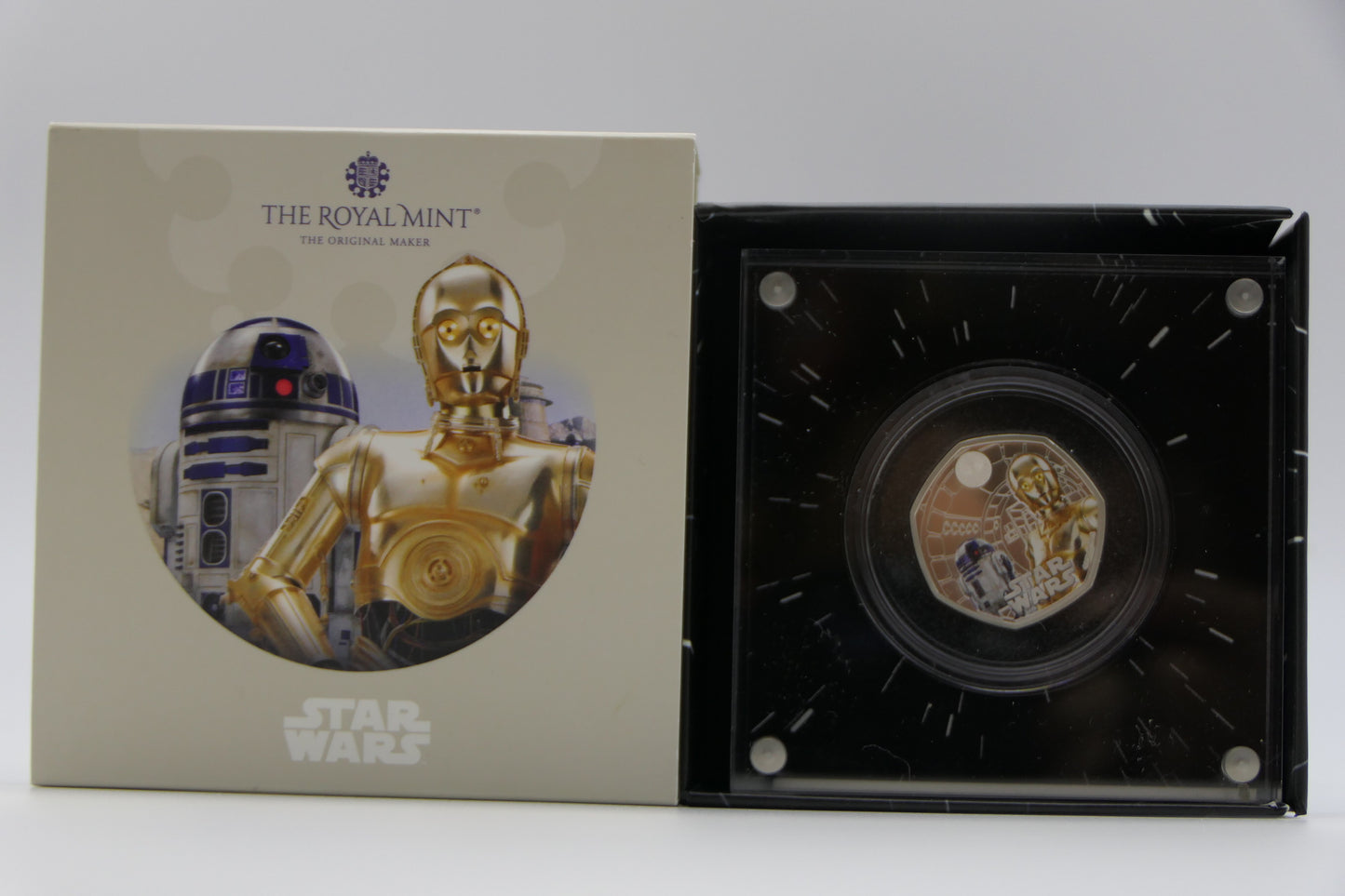 2023 Star Wars R2-D2 & C-3po 50p Silver Proof Coin — Royal Mint Uk — Boxed front