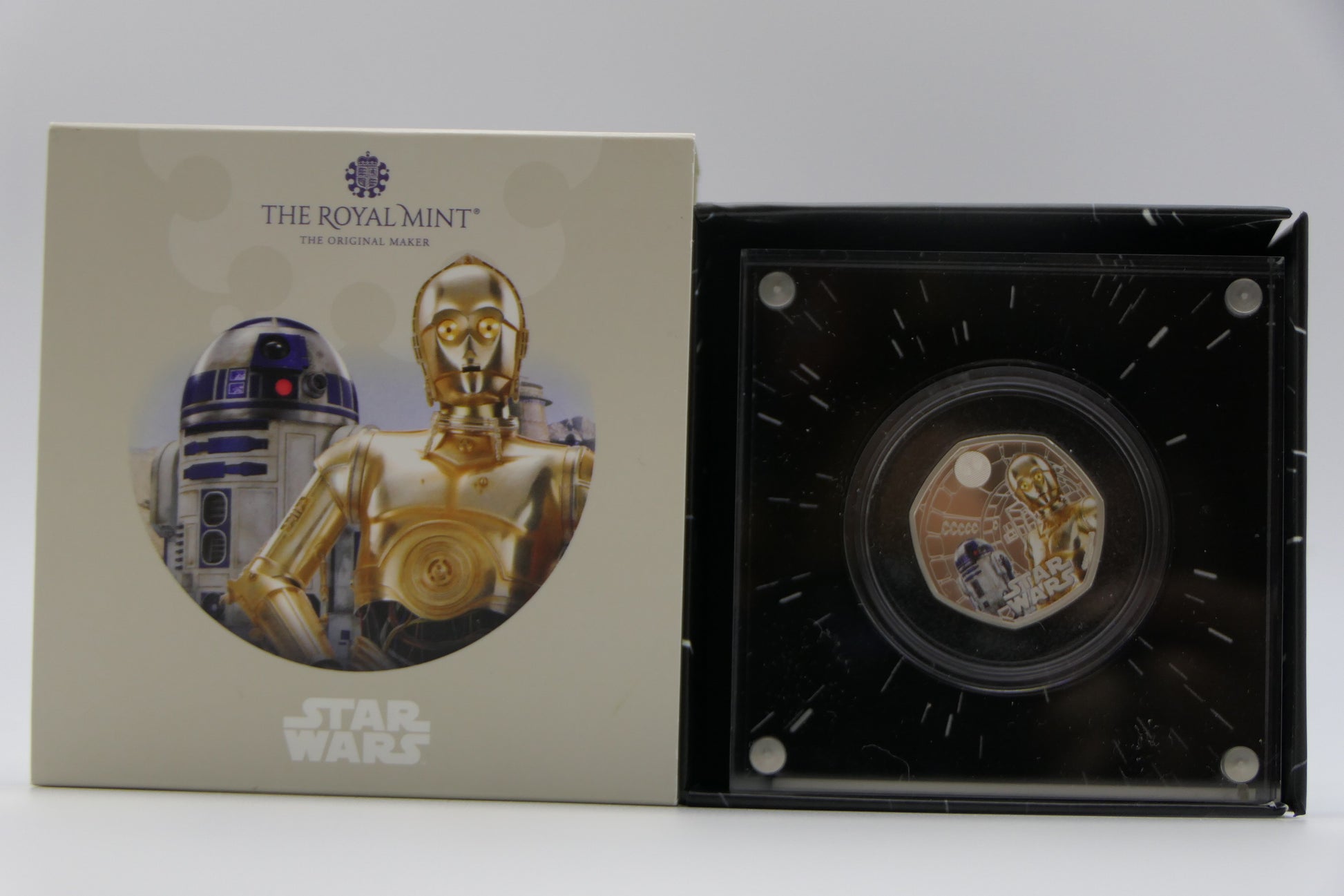 2023 Star Wars R2-D2 & C-3po 50p Silver Proof Coin — Royal Mint Uk — Boxed front