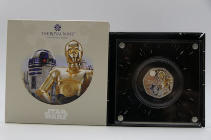 2023 Star Wars R2-D2 & C-3po 50p Silver Proof Coin — Royal Mint Uk — Boxed front