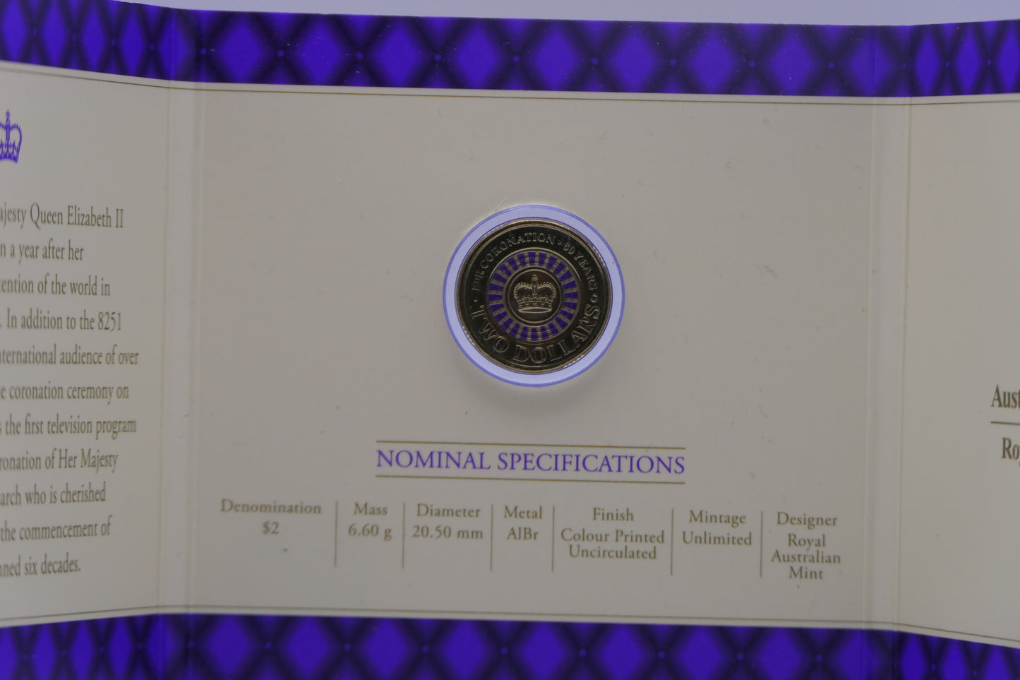 2003 Coronation 50th Anniversary $2 Colour Printed UNC Coin — Trifold — RAM reverse