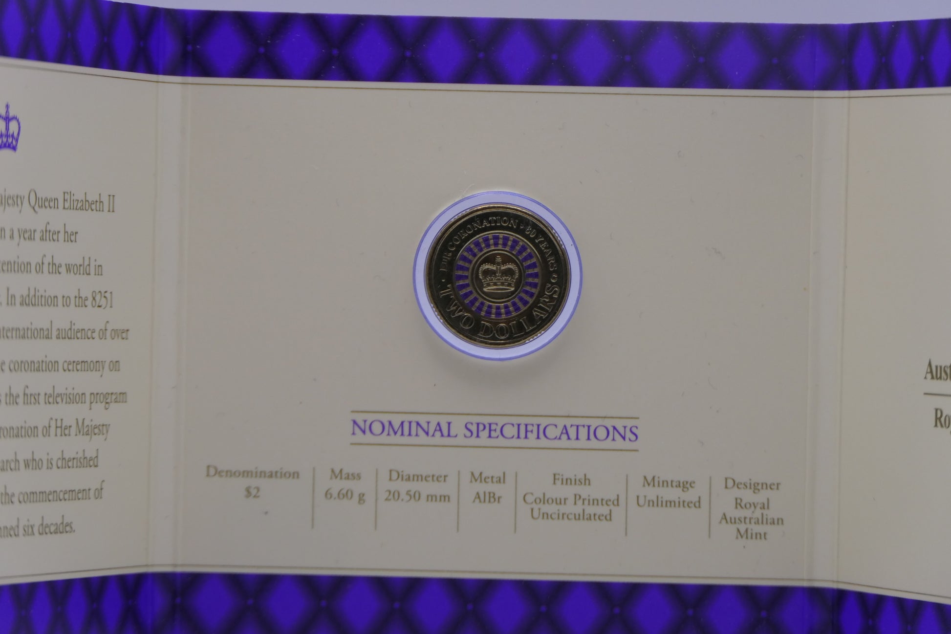 2003 Coronation 50th Anniversary $2 Colour Printed UNC Coin — Trifold — RAM reverse