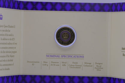 2003 Coronation 50th Anniversary $2 Colour Printed UNC Coin — Trifold — RAM reverse