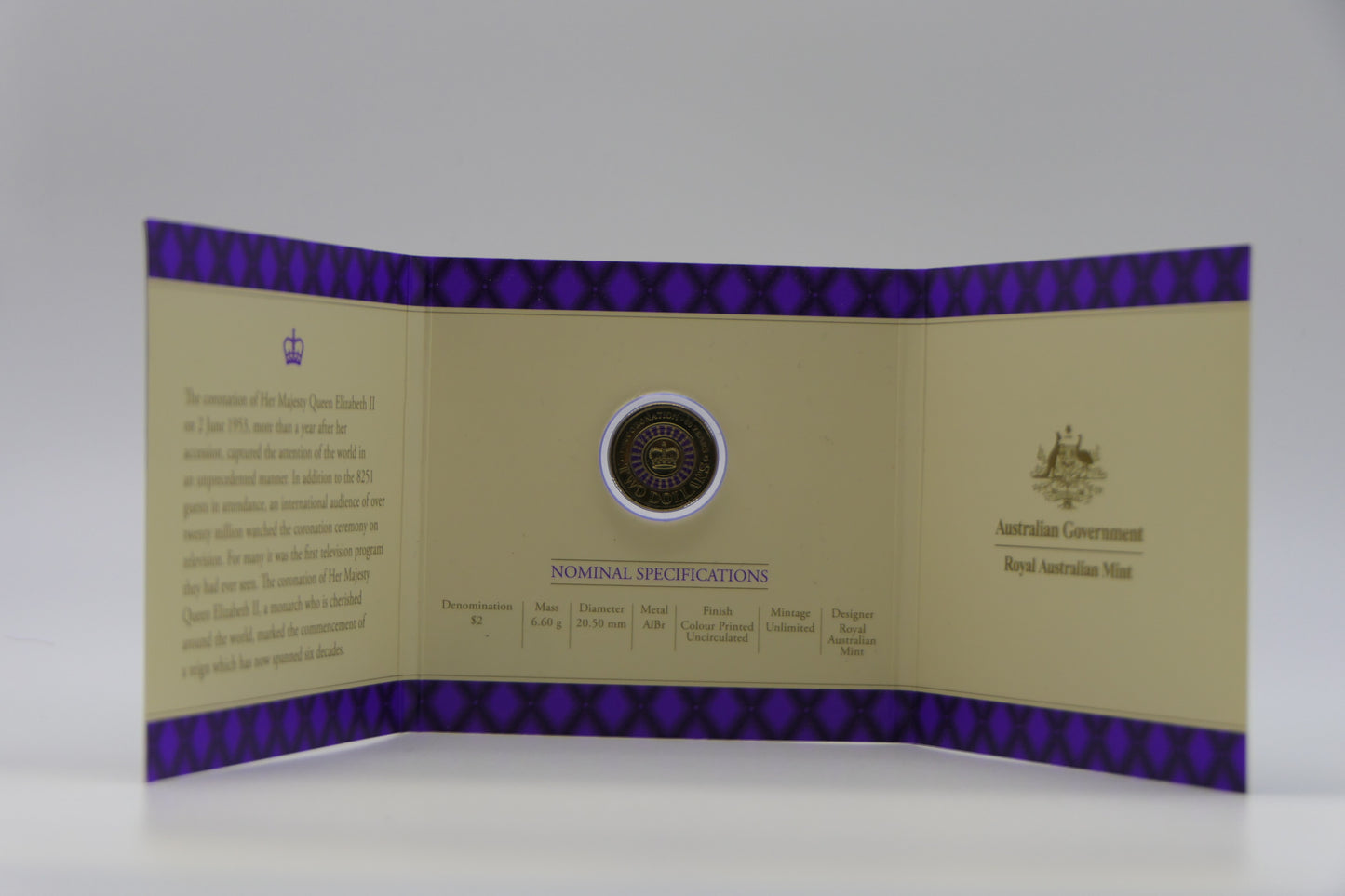 2003 Coronation 50th Anniversary $2 Colour Printed UNC Coin — Trifold — RAM front