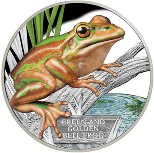 2017 $1 Endangered and Extinct Green and Golden Bell Frog 1oz Silver Coloured Pr front