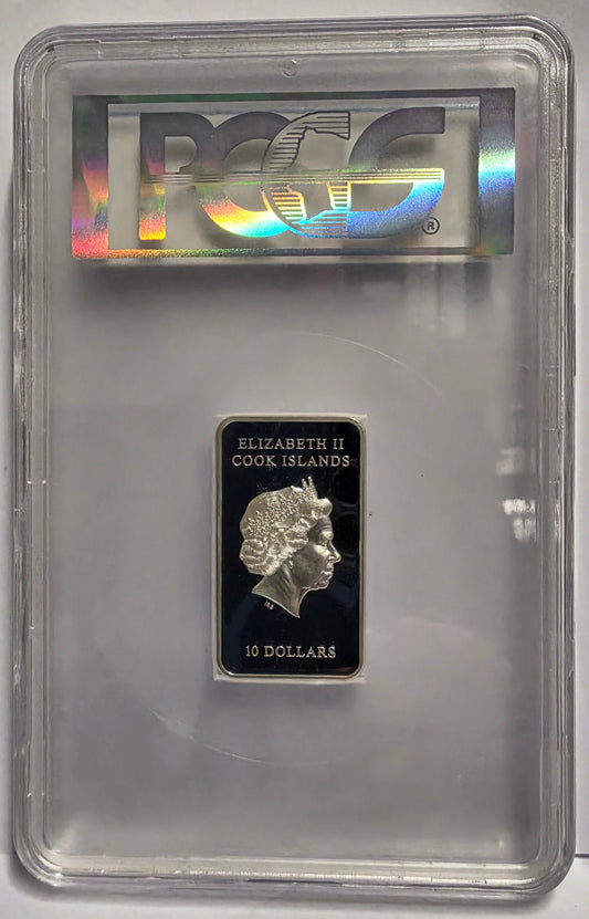 2017 Cook Islands 2 oz Silver Statue of Liberty Bar Coin certified by PCGS as PR69DCAM (Proof 69 Deep Cameo) with a "First Day of Issue" designation.