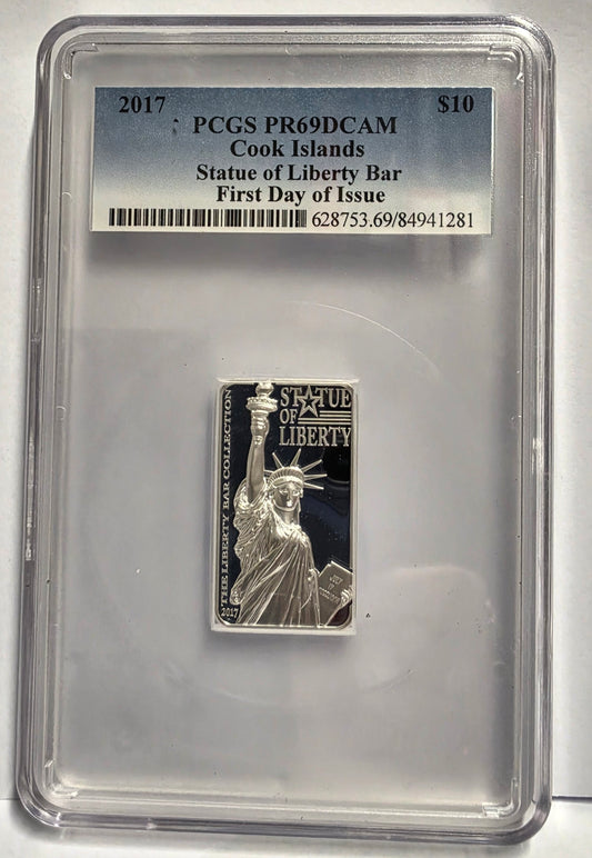 2017 Cook Islands 2 oz Silver Statue of Liberty Bar Coin certified by PCGS as PR69DCAM (Proof 69 Deep Cameo) with a "First Day of Issue" designation.