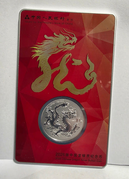 2026 Chinese Dragon Silver Bullion Coin (1 oz, 99.9% fine silver) issued by the People's Bank of China, presented in a collectible Golden Dragon Card