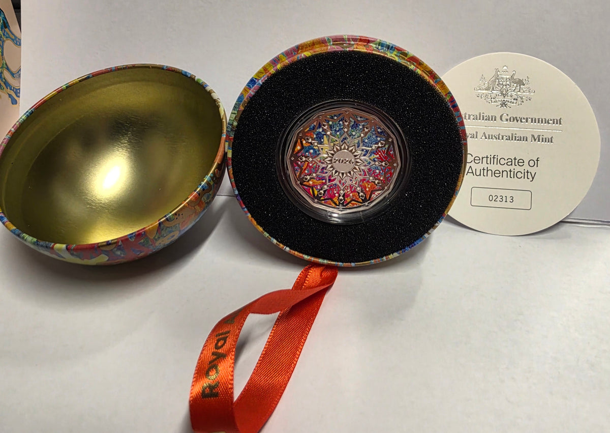 2026 50c Coloured Silver Proof Coin – Christmas Decoration issued by the Royal Australian Mint.