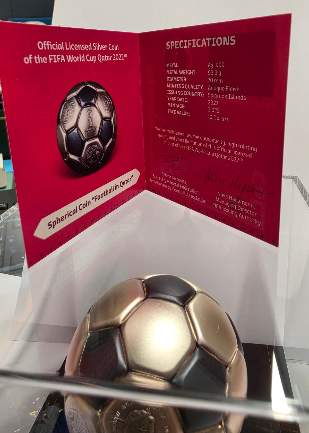2022  $10 FIFA Football in Qatar Spherical World Cup 3 Oz Silver Coin