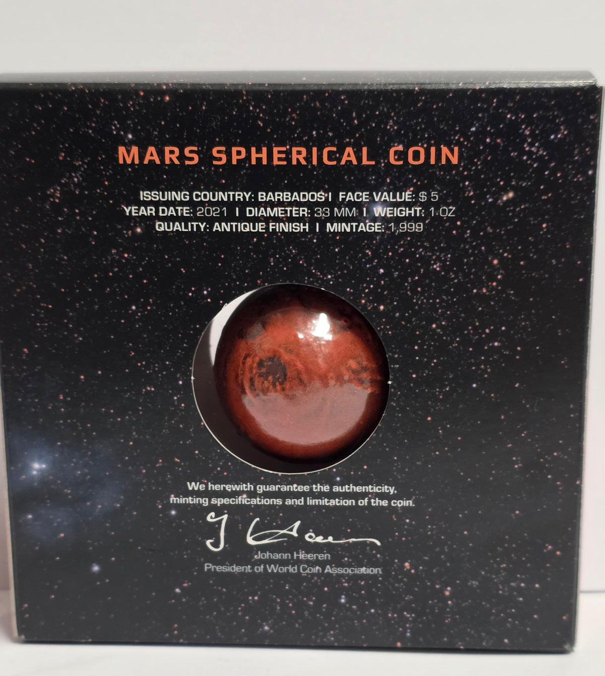 2021 Barbados $5 Mars Spherical 1oz Silver Coin