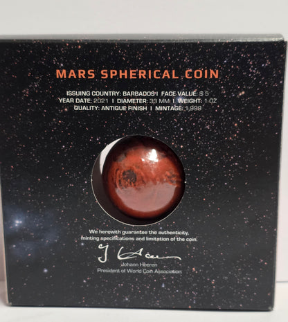 2021 Barbados $5 Mars Spherical 1oz Silver Coin