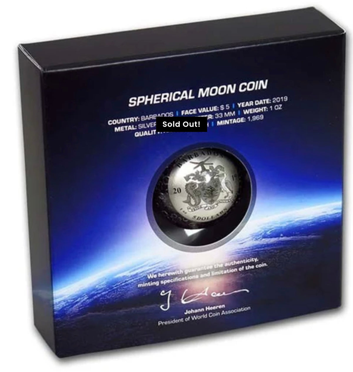 Barbados 2019 $5 50th Anniversary of the Moon Landing Spherical 1oz Silver Coin