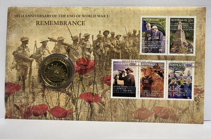 2008 90th Anniversary of End of WWI Remembrance $1 Coin & Stamp Cover (PNC)