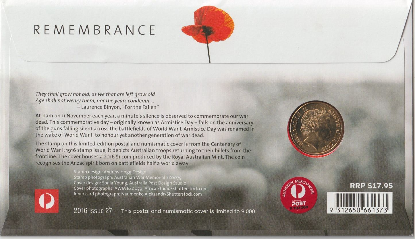 2016 Australia Post Remembrance Day $1 Poppies PNC reverse
