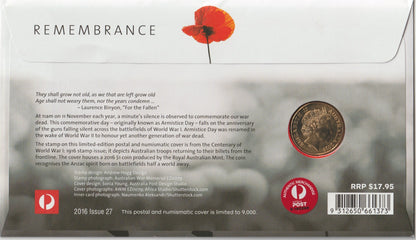 2016 Australia Post Remembrance Day $1 Poppies PNC reverse