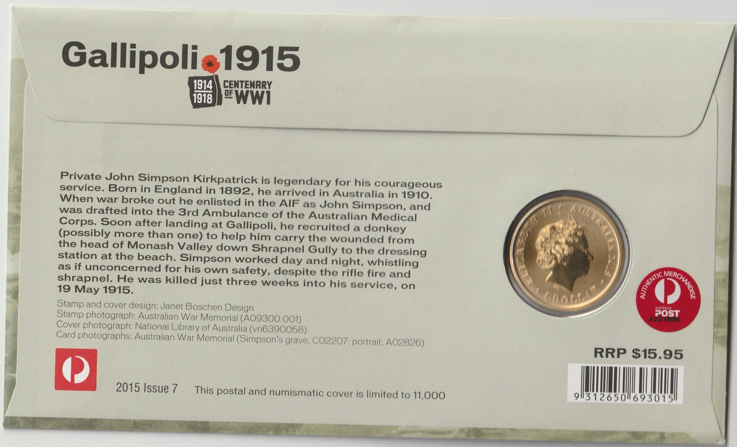 2015 Australia Post Gallipoli PNC reverse