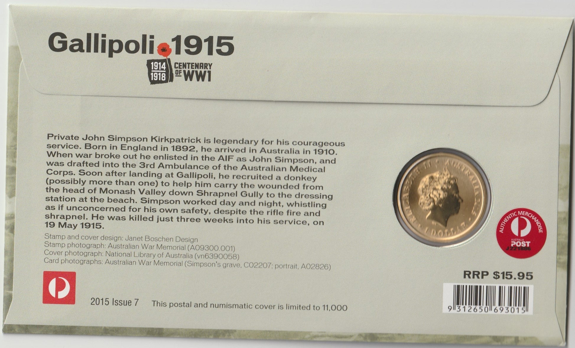 2015 Australia Post Gallipoli PNC reverse