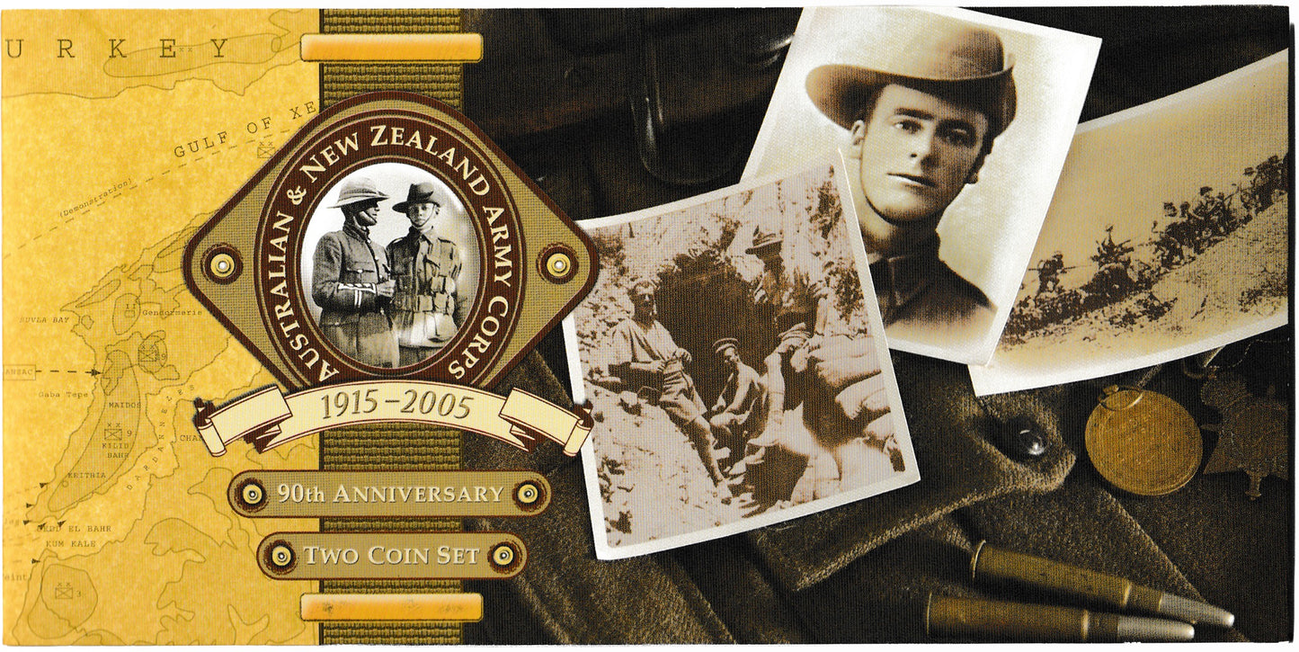 2005 Australian and New Zealand 90th Anniversary Army Corps 1915 - 2005 Two Coin Bronze Unc Set