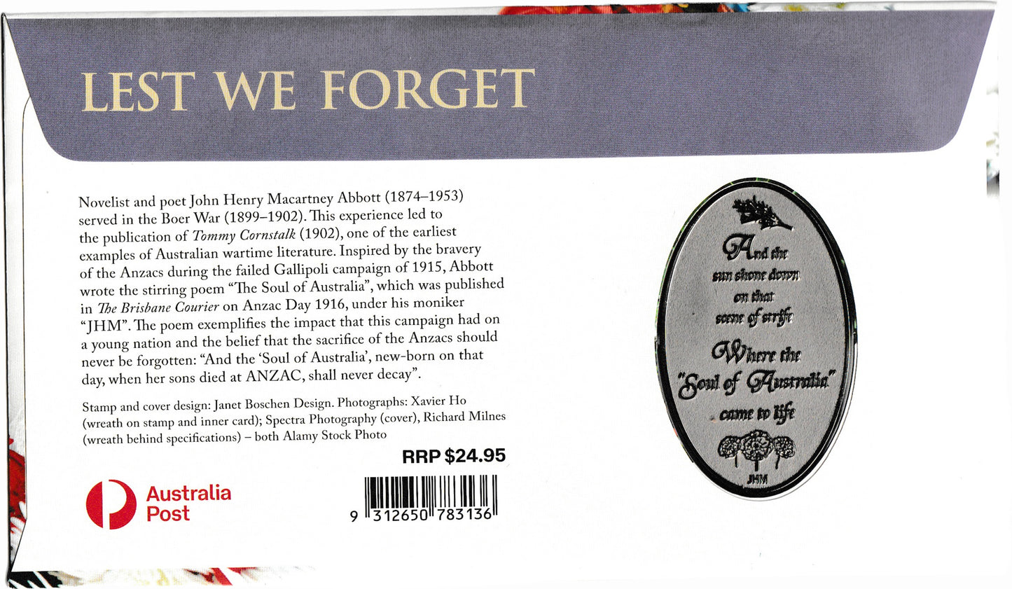 2021 Lest We Forget ANZAC Day Medallion & Stamp Cover PNC
