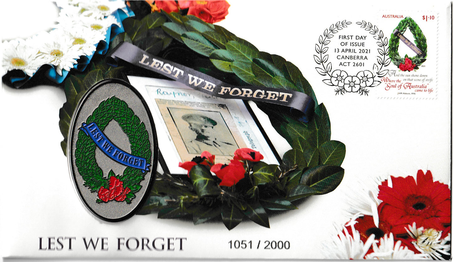 2021 Lest We Forget ANZAC Day Medallion & Stamp Cover PNC
