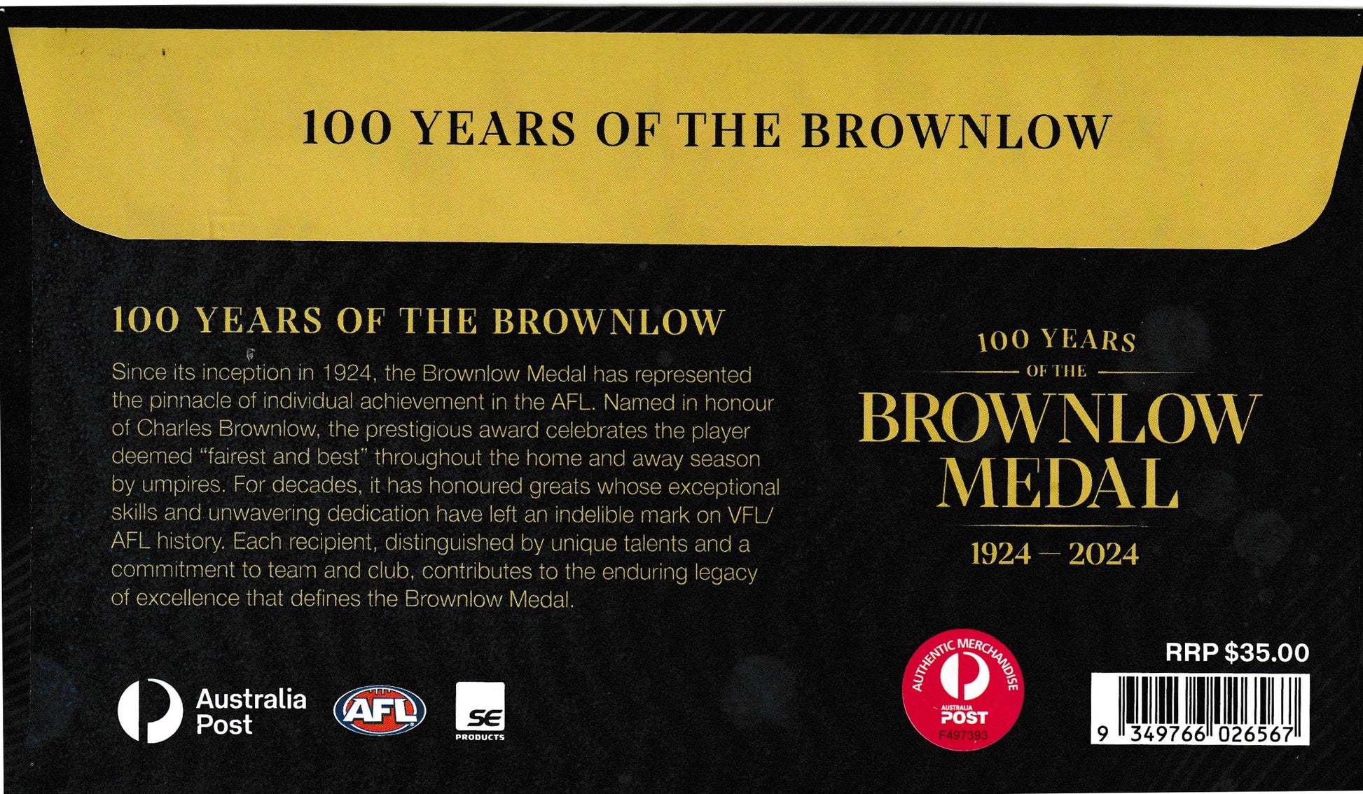 2024 100 Years of the Brownlow Medal 1924 - 2024 Postal Medallion Cover