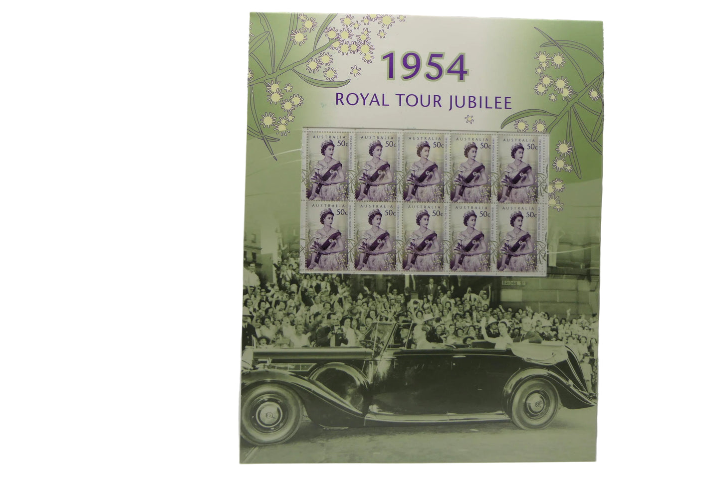 Memorabilia from 1954 Royal Tour Jubilee with stamps and vintage car illustration.