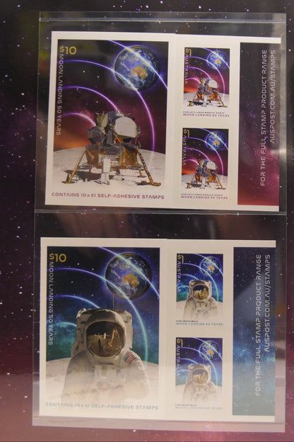 Two sheets of stamps featuring space-themed designs on a reflective surface.
