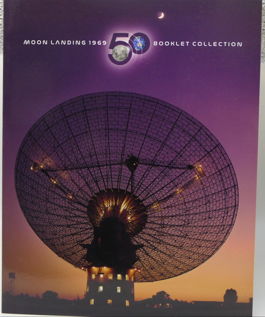 Booklet collection titled 'Moon Landing 50th Anniversary' on a white surface with a purple cover.