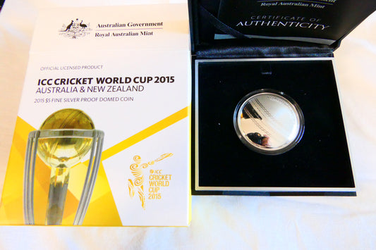2015 Royal Australian Mint Icc Cricket World Cup $5 Fine Silver Proof Domed Coin — Australia & New Zealand front