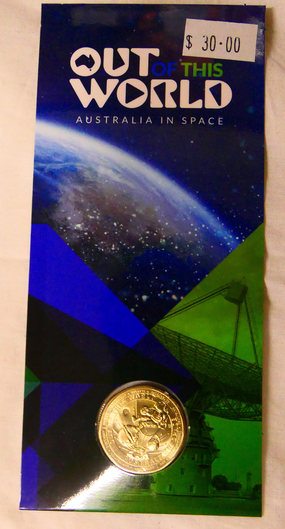Out of This World — Australia in Space $1 Coin Card — Radio Telescope Edition front