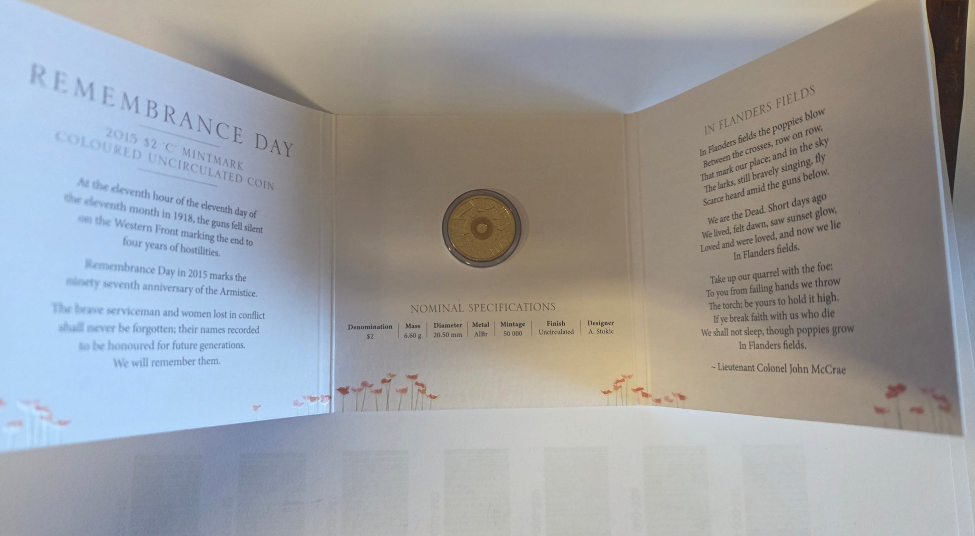 2015 $2 'c' Mint Mark Trifold Remembrance Day Coloured Coin front
