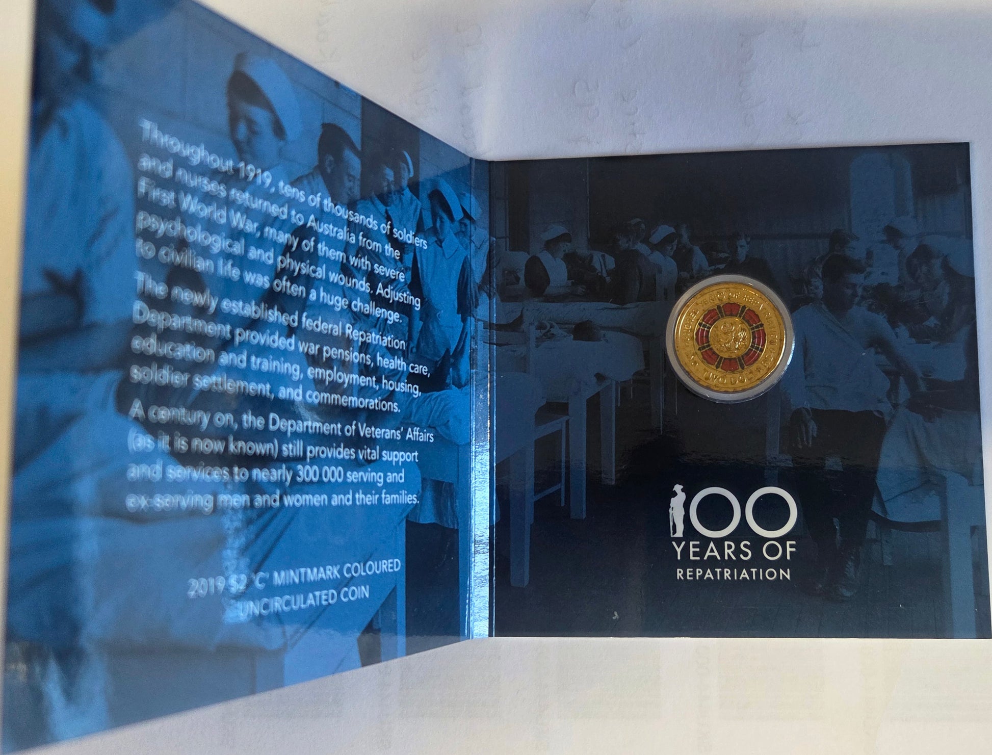 2019 $2 'c' Mint Mark Coloured UNC Carded Coin 100 Years of Repatriation front