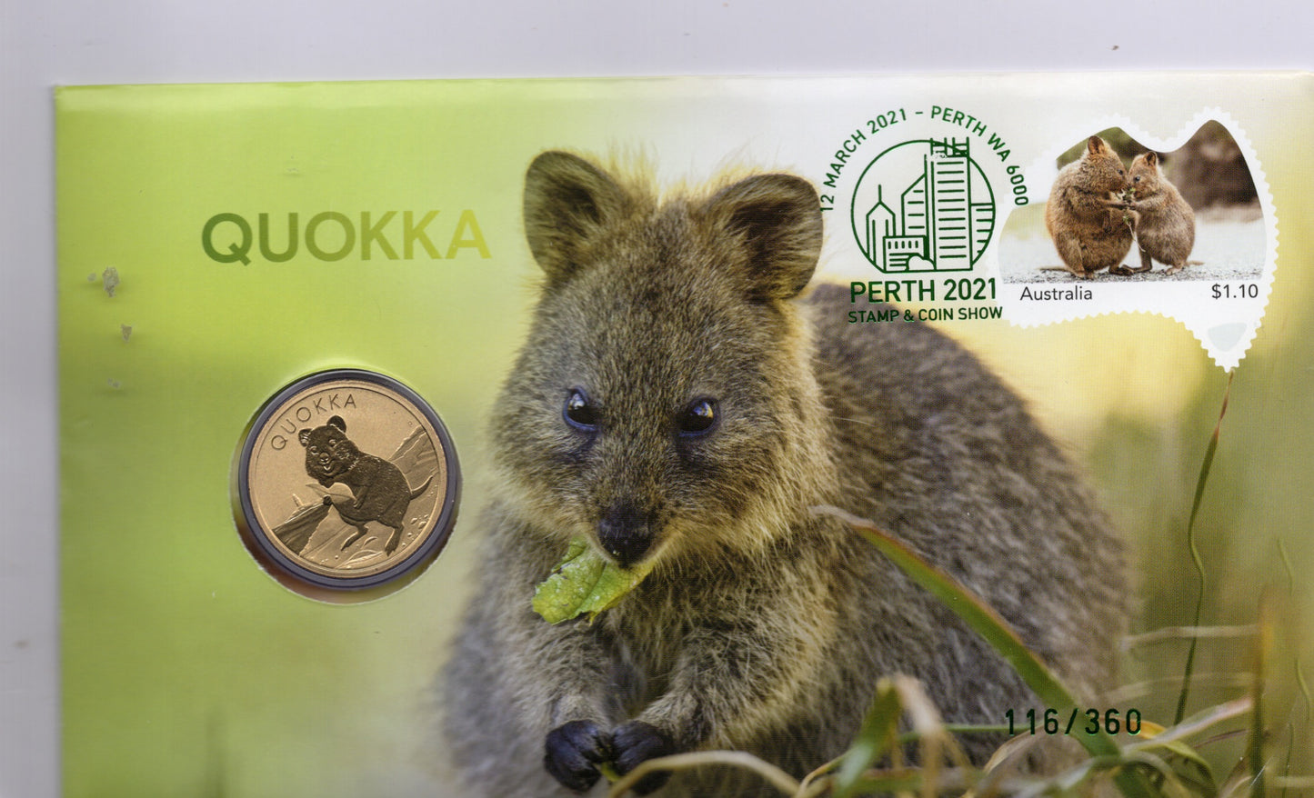 2021 Australian $1, Quokka PNC, Perth Stamp & Coin Show Day overprint 116/360