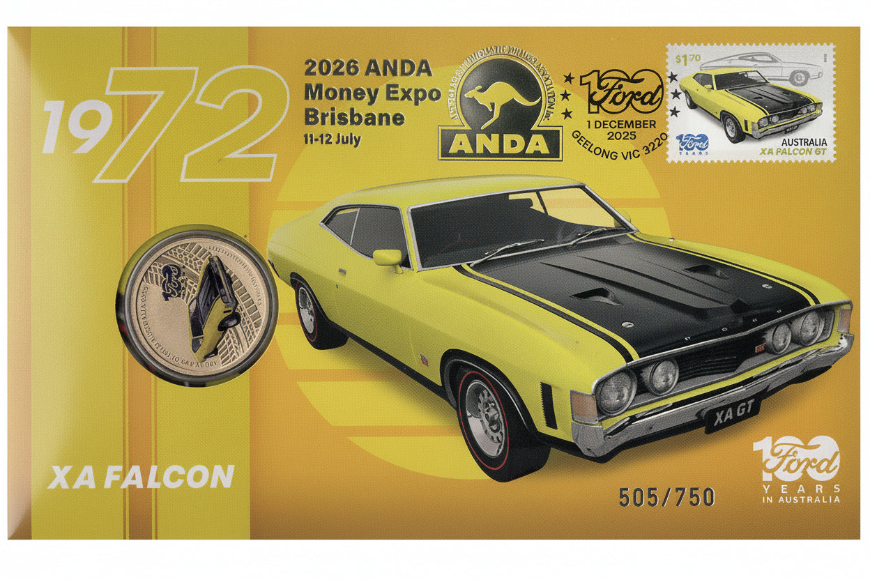 ANDA Brisbane Money Expo 2026 $1 Ford XA Falcon Stamp & Coin Cover 505/750