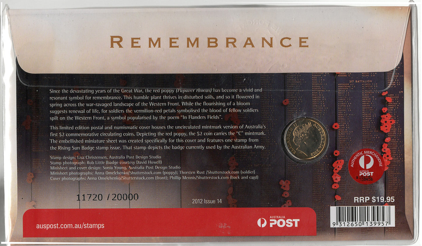 2012 Remembrance Day Two Dollar $2 Stamp and Coin Cover PNC