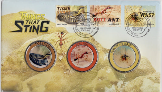 2014 Things That Sting Stamp and 3 Medallions Cover