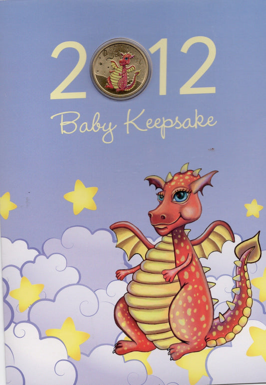 2012 UNC $1 BABY KEEPSAKE YEAR OF THE DRAGON COLOURED COIN IN FOLDER