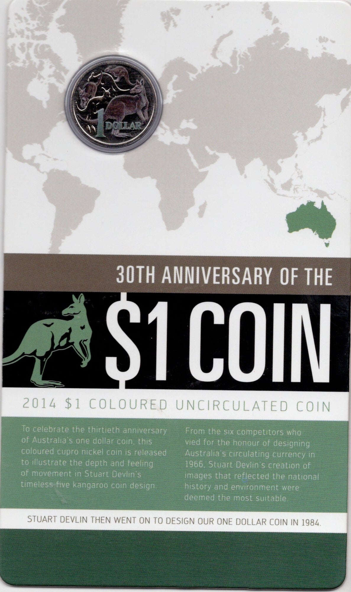 2014 $1 30th Anniversary of the Australian $1 Coin Coloured Uncirculated Carded Coin