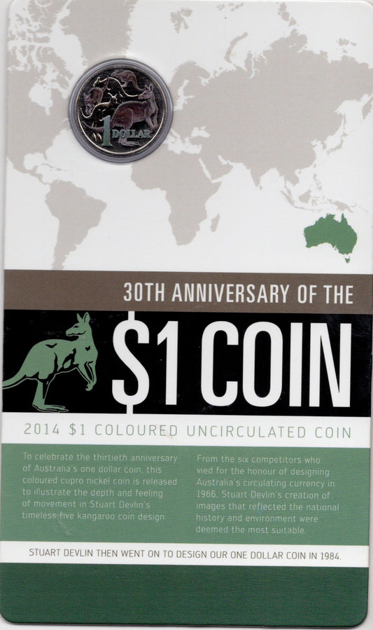 2014 $1 30th Anniversary of the Australian $1 Coin Coloured Uncirculated Carded Coin