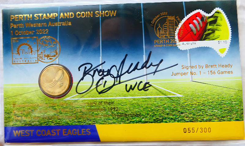 2022 West Coast Eagles PNC — Signed Brett Heady — Perth Stamp and Coin Show — 055/300 front